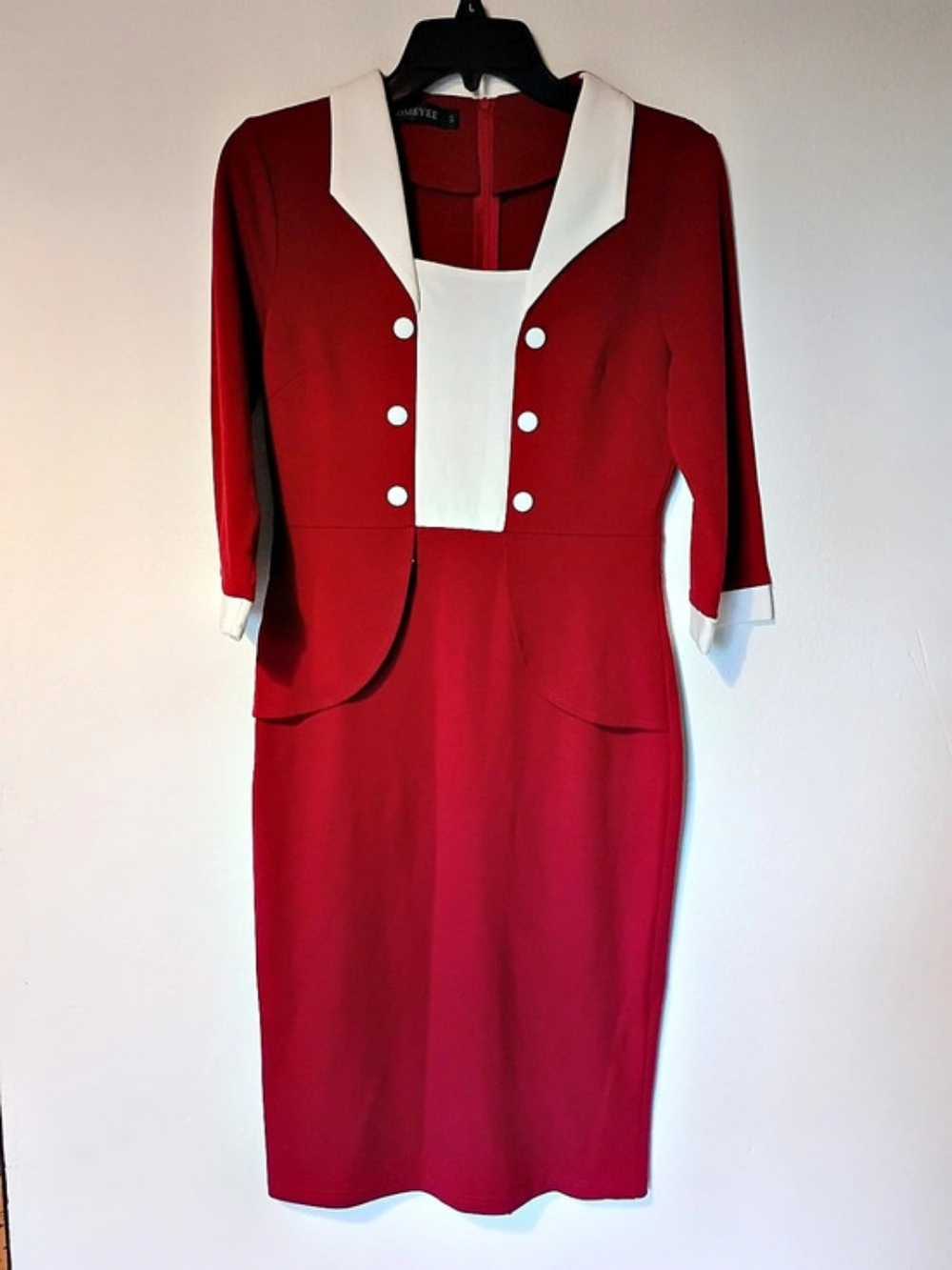 Vintage Inspired Contrast Collar Midi Dress in Red & White Size Small